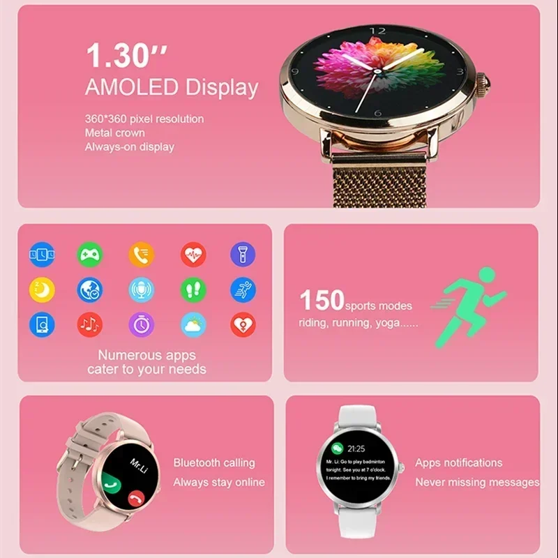 New AMOLED Smart Watch Women Bluetooth Call Clock Ladies Outdoor Waterproof Sports Fitness Tracker smartwatch For Huawei Xiaomi