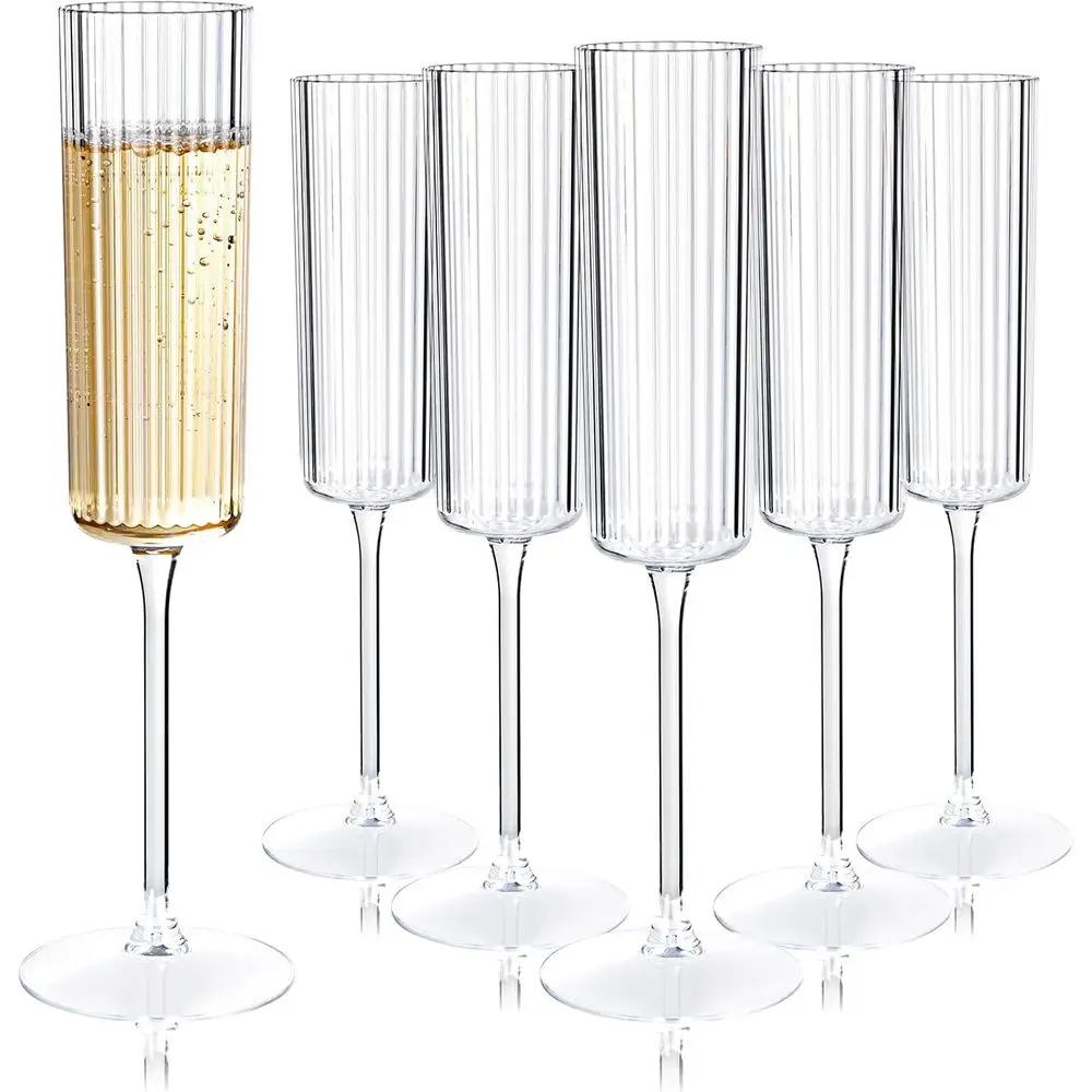 

24 Pack 6oz Ribbed Disposable Champagne Glasses - Clear Vintage Mimosa Glasses with Long Stem for Elegant Events