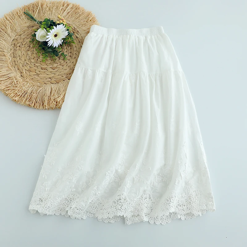 

Summer Sweet Thin Cotton Embroidered Skirt Women Elastic Waist Solid Color Casual Skirt Lu0622