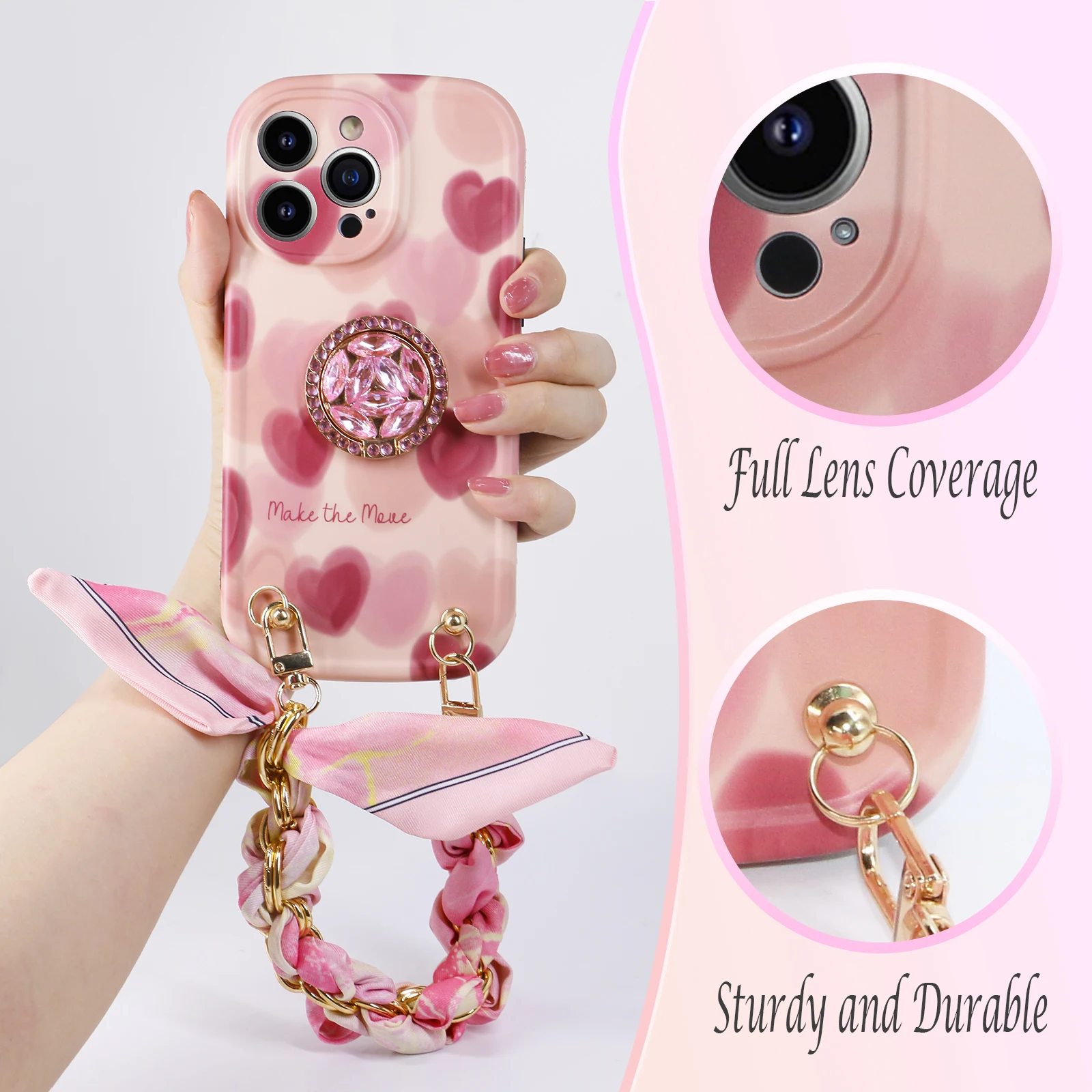 Clarissaway Designed for iPhone 14 Pro Max Case, Pink Herat Pattern Silicone Shockproof iPhone 14 Pro Max Phone Case with Stand