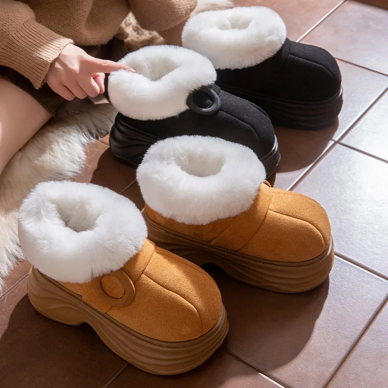 Fluffy snow boots winter plush shoes women's thick sole slip on booties woman furry platform mules clogs ladies boot slippers