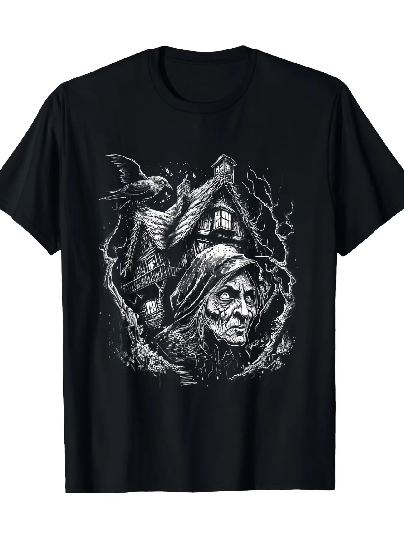 Slavic Folklore Men's Baba Yaga T-Shirt Witch Mystical Dancing House Loose Fit Round Neck Casual Tee East European Culture Fans