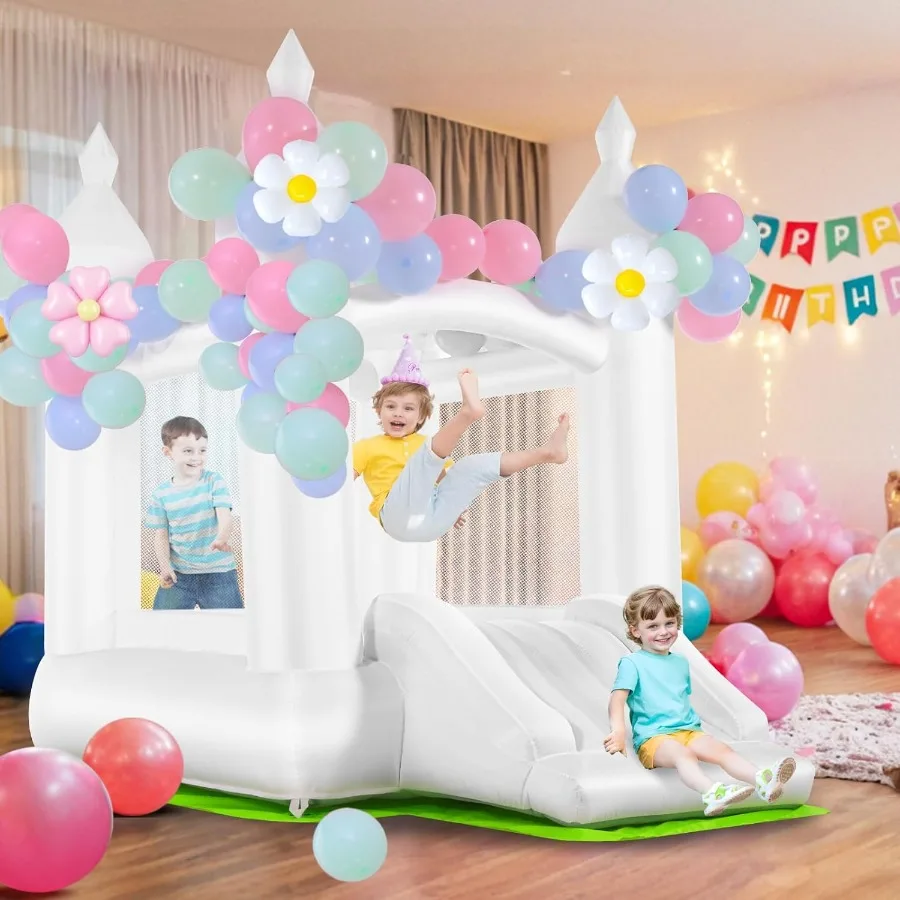 白いバウンスハウス、幼児用インフレータブルバウンスキャッスル（310）、スライド、送風機、フロアマット、風船付きジャンプキャッスル