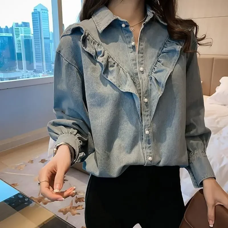 

Korean Vintage Solid Color Denim Blouse for Spring Autumn Long Sleeve Fashion Ruffles Spliced Shirt Women's Clothing New D02