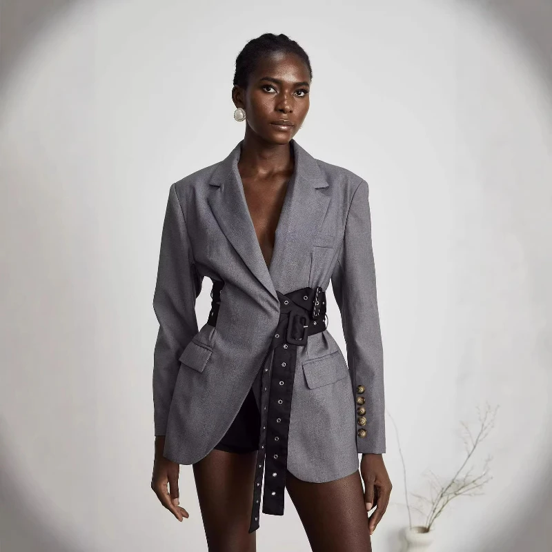 2026 Spring Autumn Fashion European American Cross Border Women's Commuting Style Flip Collar Long Sleeve Belt Casual Suit Coat
