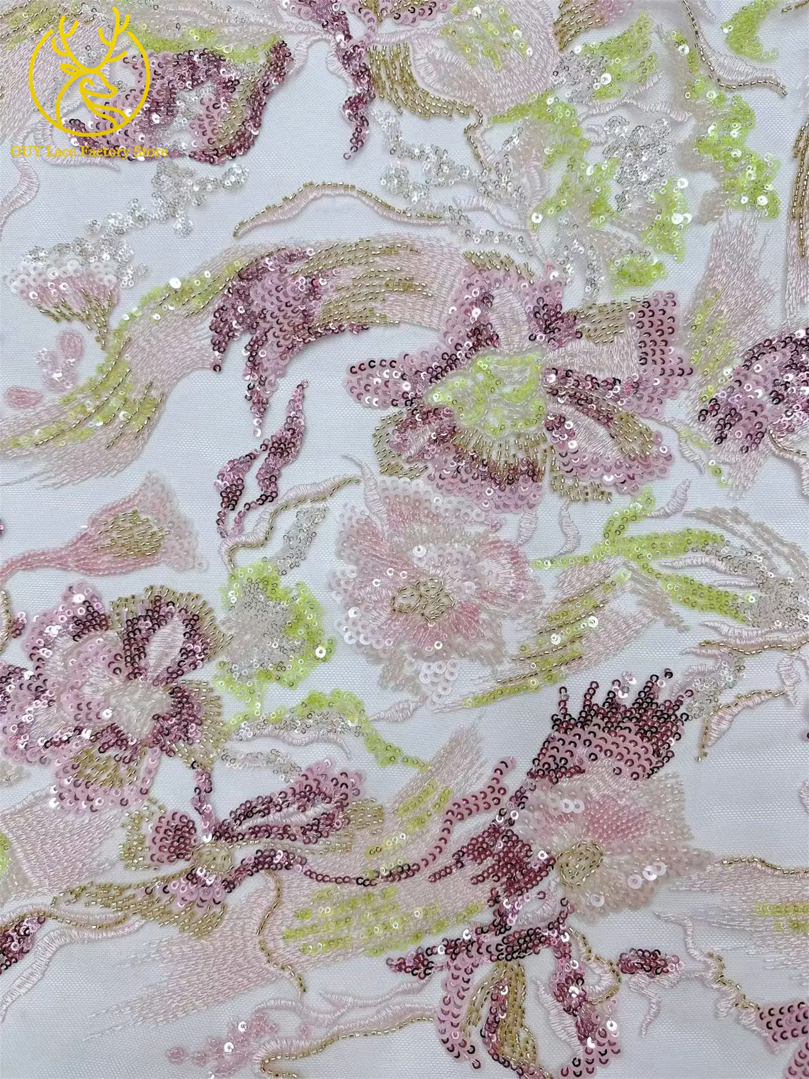 Afrikanischer Stickerei-Tüll-Pailletten-Spitzenstoff, 5 Yards, hochwertiger französischer nigerianischer Perlen-Mesh-Spitzenstoff für Hochzeitsnäharbeiten – Detail 7