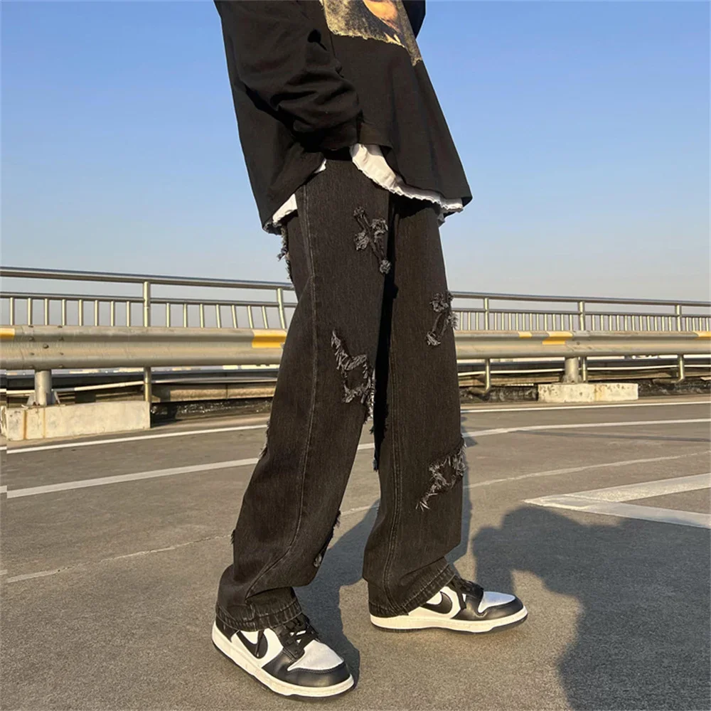 Hiphop Streetwear Y 2K Herenbroek High Street Jeans Baggy Losse, Rechte Casual Broek 2024 Mode Heren Cross Patch Nieuwe Broek