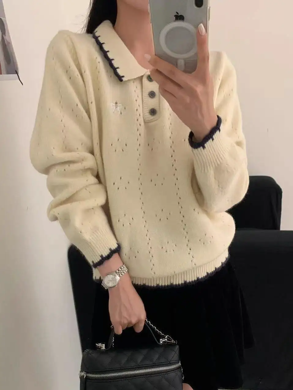 

High-End Hollow Knitted Sweater Women's plus Size Splicing Design Embroidery Trendy Spring Casual Loose Fit Long Sve