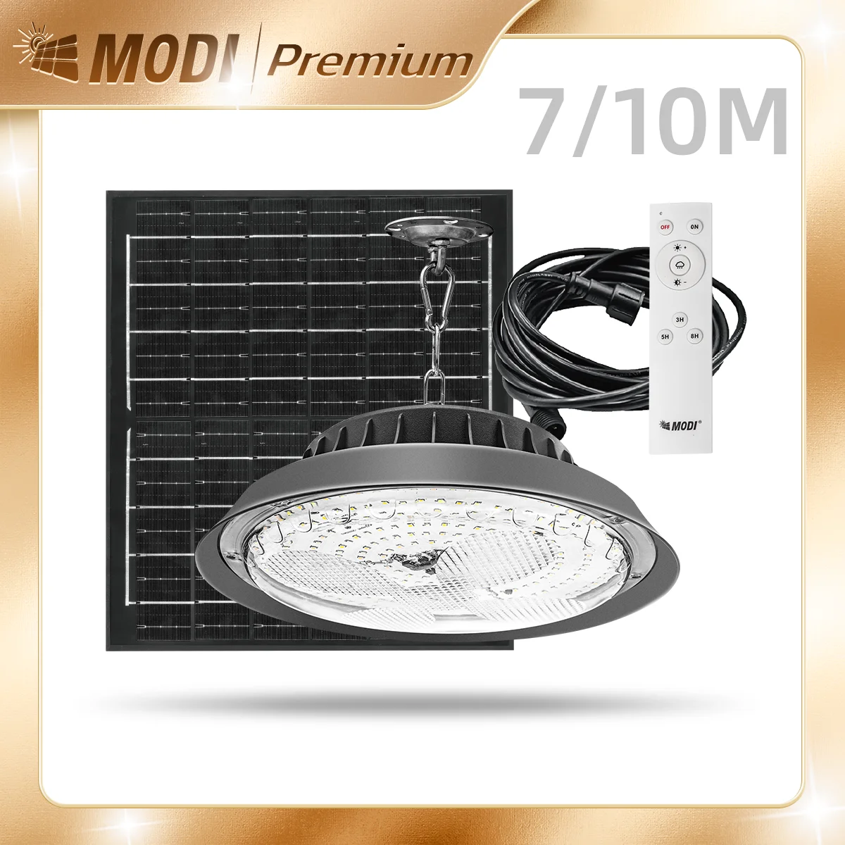 Solar powered ceiling light. Tri color remote control lighting. It is equipped with a 7-meter-long cable and a solar panel.