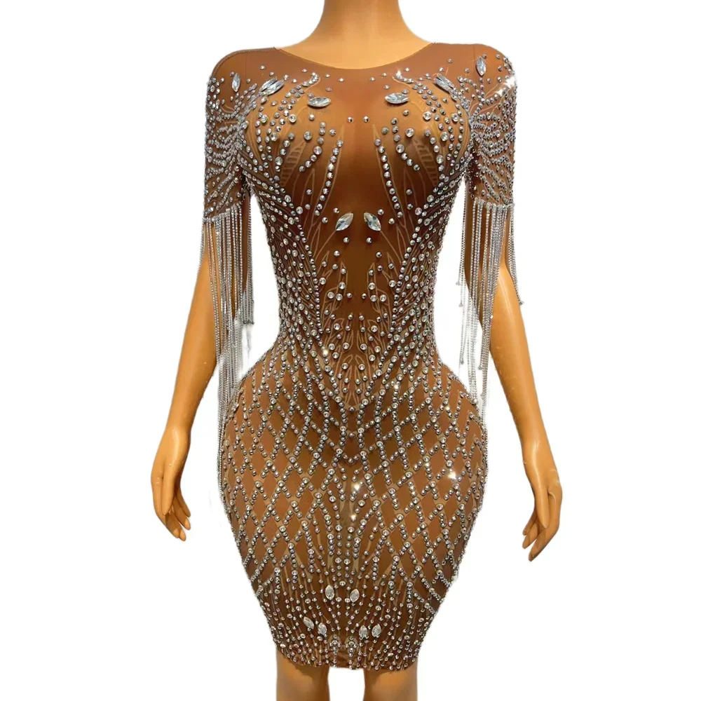 Sexy Silver Rhinestones Fringes Transparent Brown Mesh Stretch Dress Evening Birthday Celebrate Outfit Sexy Performance Costumes