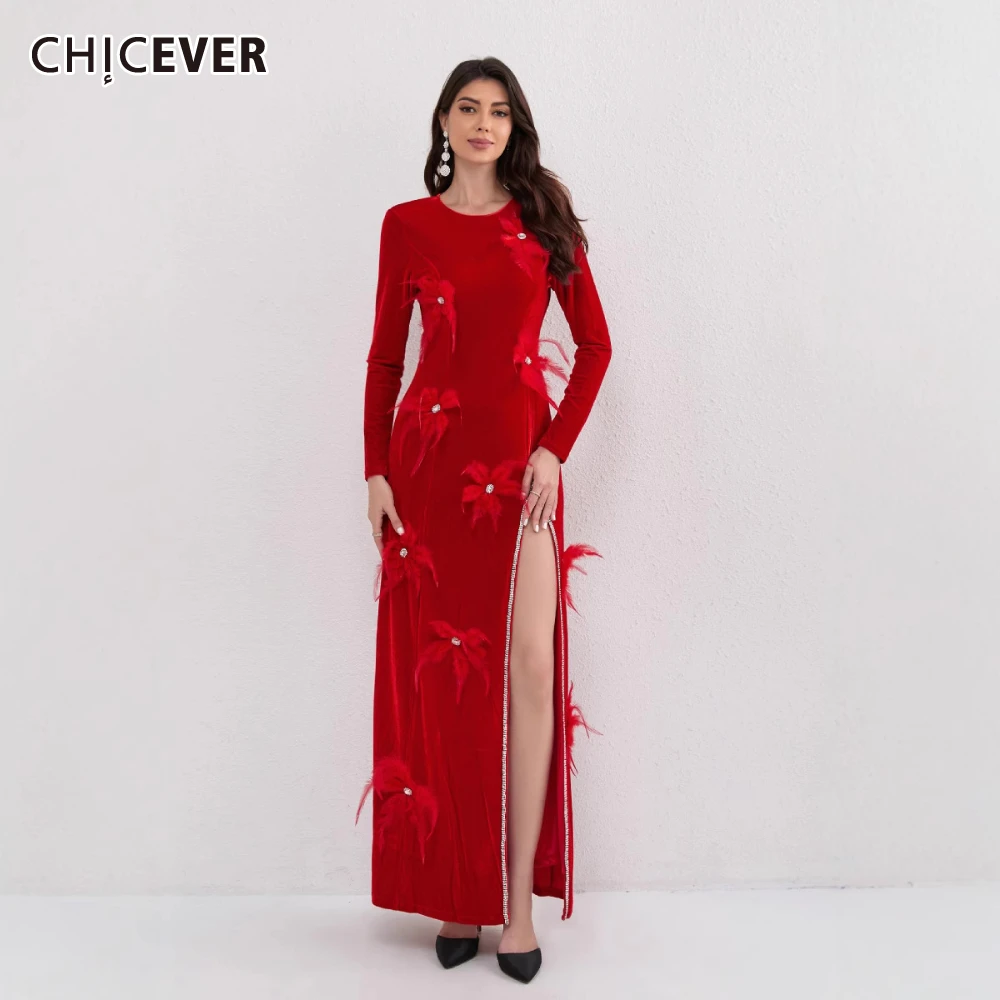 

CHICEVER Slimming Spliced Diamond Dresses for Women Round Neck Long Sleeve Patchwork Feather High Waisted Slit Dress Female New