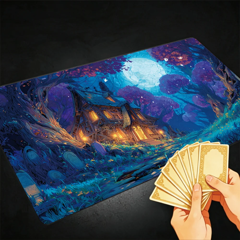 Forest Castle and Full Moon TCG Playmat Magic Playmat Gathering Gaming Mat with Stitched Edge Anti-slip base Trading Card Game