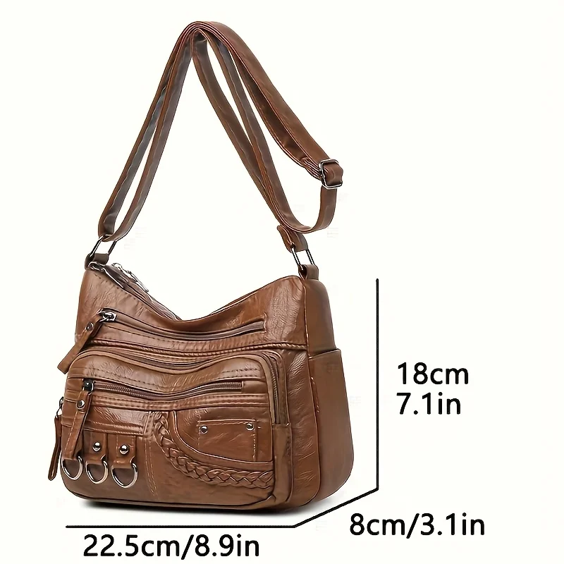 Women'S Large Capacity Shoulder Crossbody Bag, Multi Layer Zipper Pocket Synthetic Handbag Purse with Golden-Tone Hardware view 6