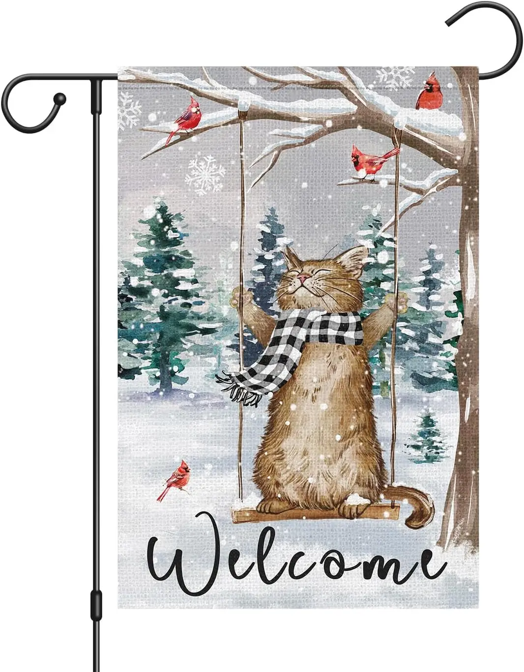 Louise Maelys Welcome Winter Garden Flag 12x18 Double Sided, Burlap Small Snow Cat Swing Garden Yard House Flags for Winter Outs