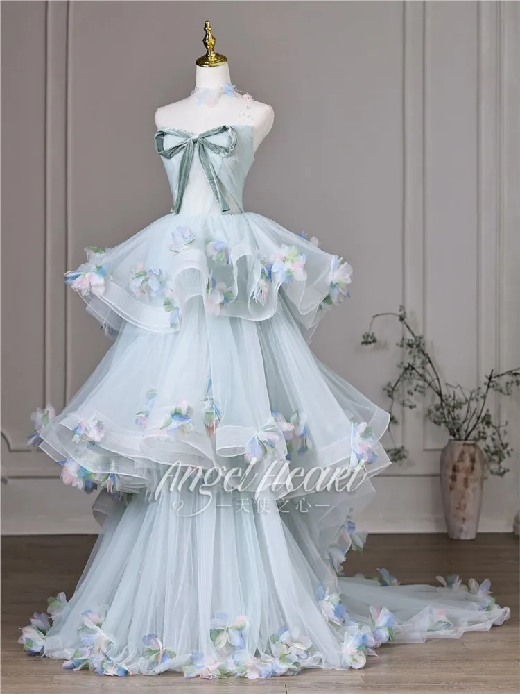 Strapless sleeveless three-dimensional flower dress with straps mid-length style performance