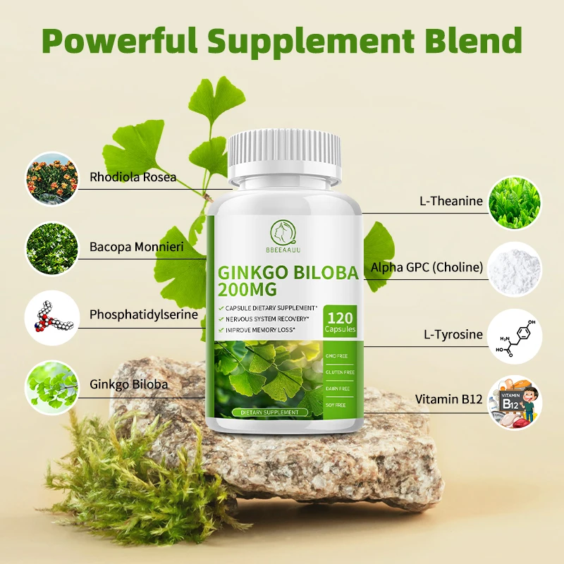 BBEEAAUU Ginkgo Biloba Leaf Capsules Improve Brain Clarity, Attention and Memory Support Brain and Heart Health Anti-aging