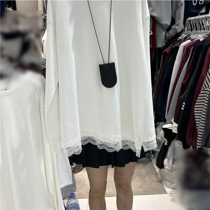 Women Clothes Tops Longsleeve Solid Color Blouse Lace Trim Hem Oversized Fit Long Sleeve T-shirt Round Neck Casual Blouse view 4