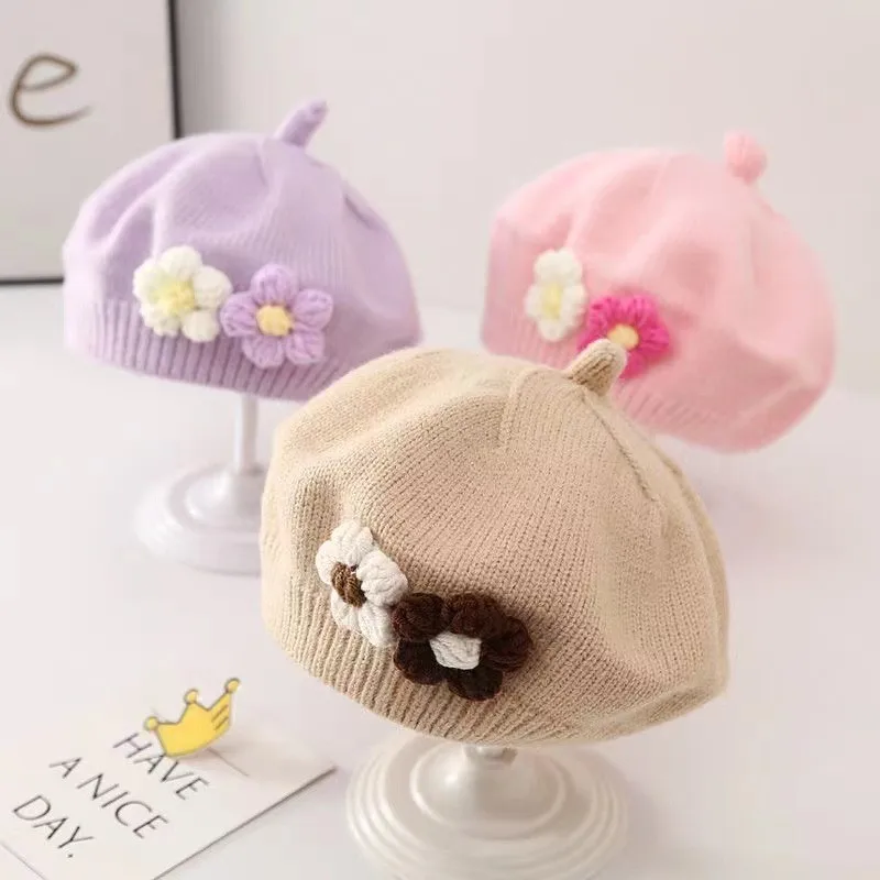 Winter Baby Flower Beret Hat Warm Knitted Beanie Cap for Infant Girls Korean Toddler Princess Artist Solid Color Painter Caps