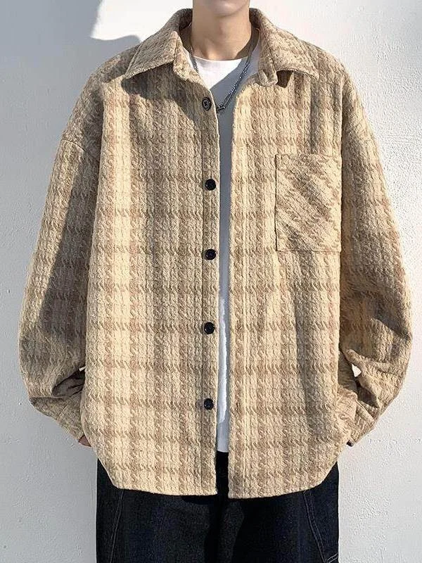 Heavyweight Plaid Jacket Men's Autumn Winter Casual Notch Collar Tweed Shirt American Style Outerwear Youth Fashion Loose Fit