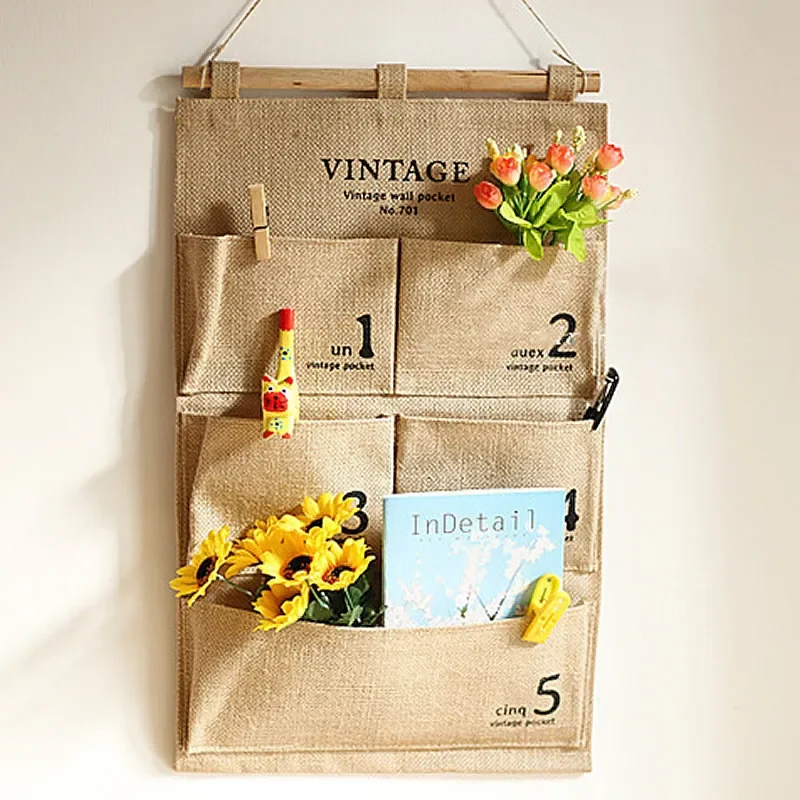 56cm Linen Cotton Wall Hanging Storage Closet Organizer Rose Flower Bouquet  Vintage Bag Wooden Handle Home Decor