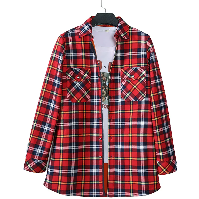 Fashion Women Oversized Warm Fleece Long Plaid Blouses Loose Long Sleeve Turn-down Collar Two Pockets Velvet Shirt M-3XL Tops