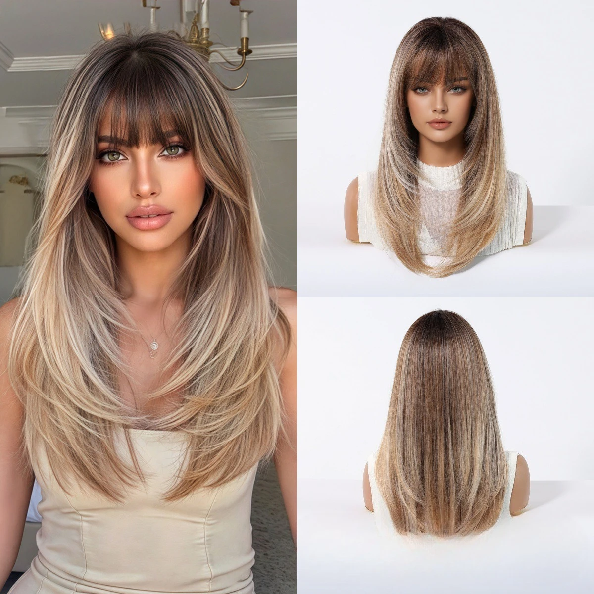 

European and American wigs brown hair roots dyed black natural high-level long straight hair women's full headgear styling fashi