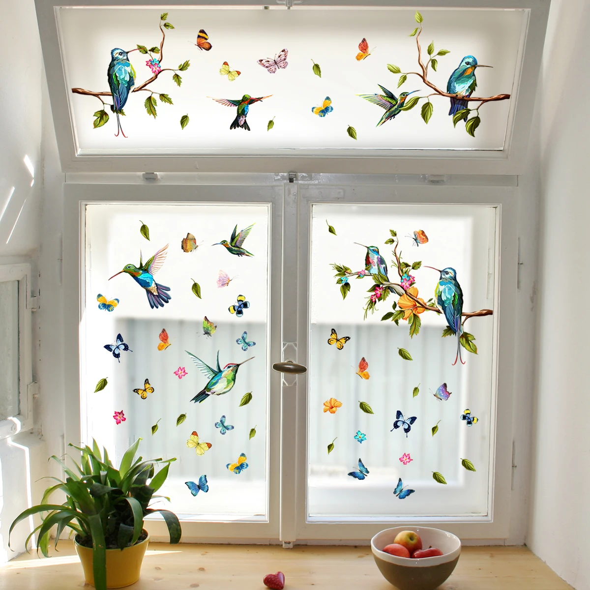 Branch Hummingbird Butterfly Electrostatic Glass Window Wallpaper, Double-sided Visual Decoration, Wall Paste