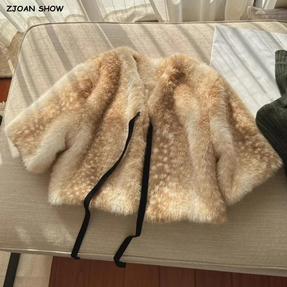 جديد 2025 الشتاء التعادل القوس الجبهة الحيوان الغزلان نقطة فو فرو منك معطف الرأس المرأة الخامس الرقبة قصيرة الأكمام فضفاضة الدافئة سترة ملابس خارجية #1