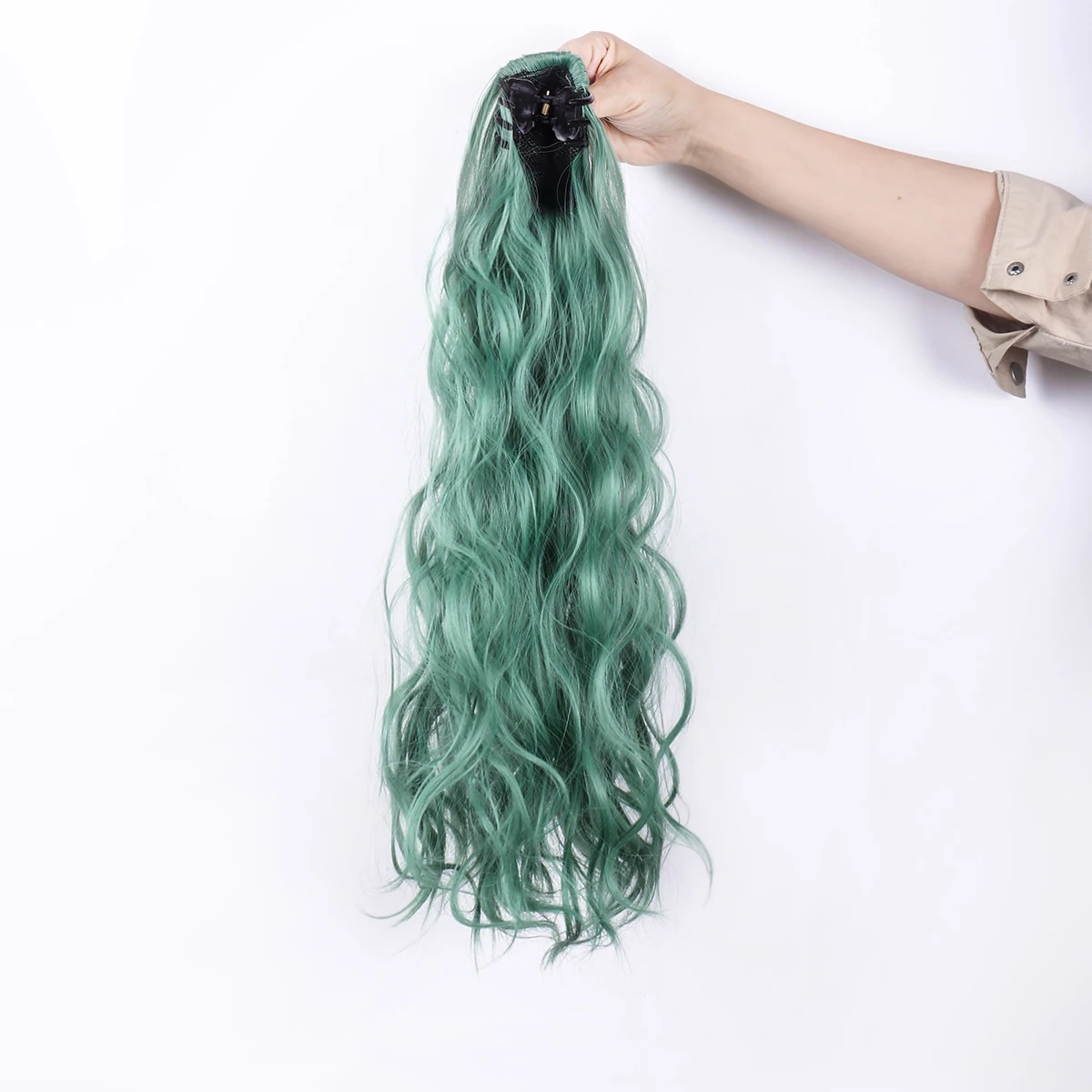 Pieces Synthetic Hairpieces Long Wavy Curly Clip in Ponytail Hairpiece Green 22 Inch Full Machine Made Good Quality Synthetic Wi