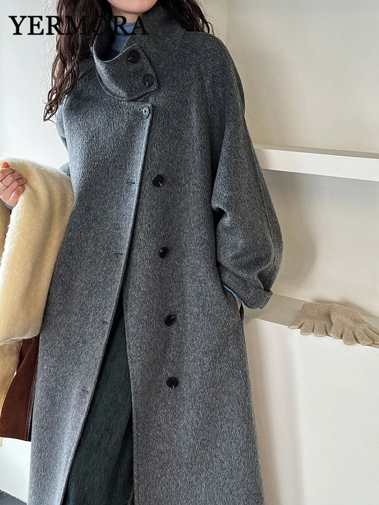 YERMORA Dark Gray Belted Big Size Woolen Coat New Lapel Long Sleeve Women Basic Jacket Fashion Tide Autumn Winter 2024