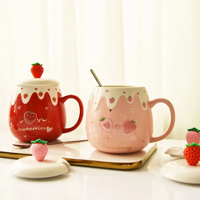 Strawberry Mug with Lid,Ceramic Mugs 450ML,Korean Coffee Cups,Cute Breakfast Porcelain Mug for Woman,Student