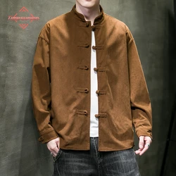 chinese style solid color Shirts for Men Corduroy Buckle Long-sleeved Shirt Autumn and Winter Tang Coat Zhongshan Coat