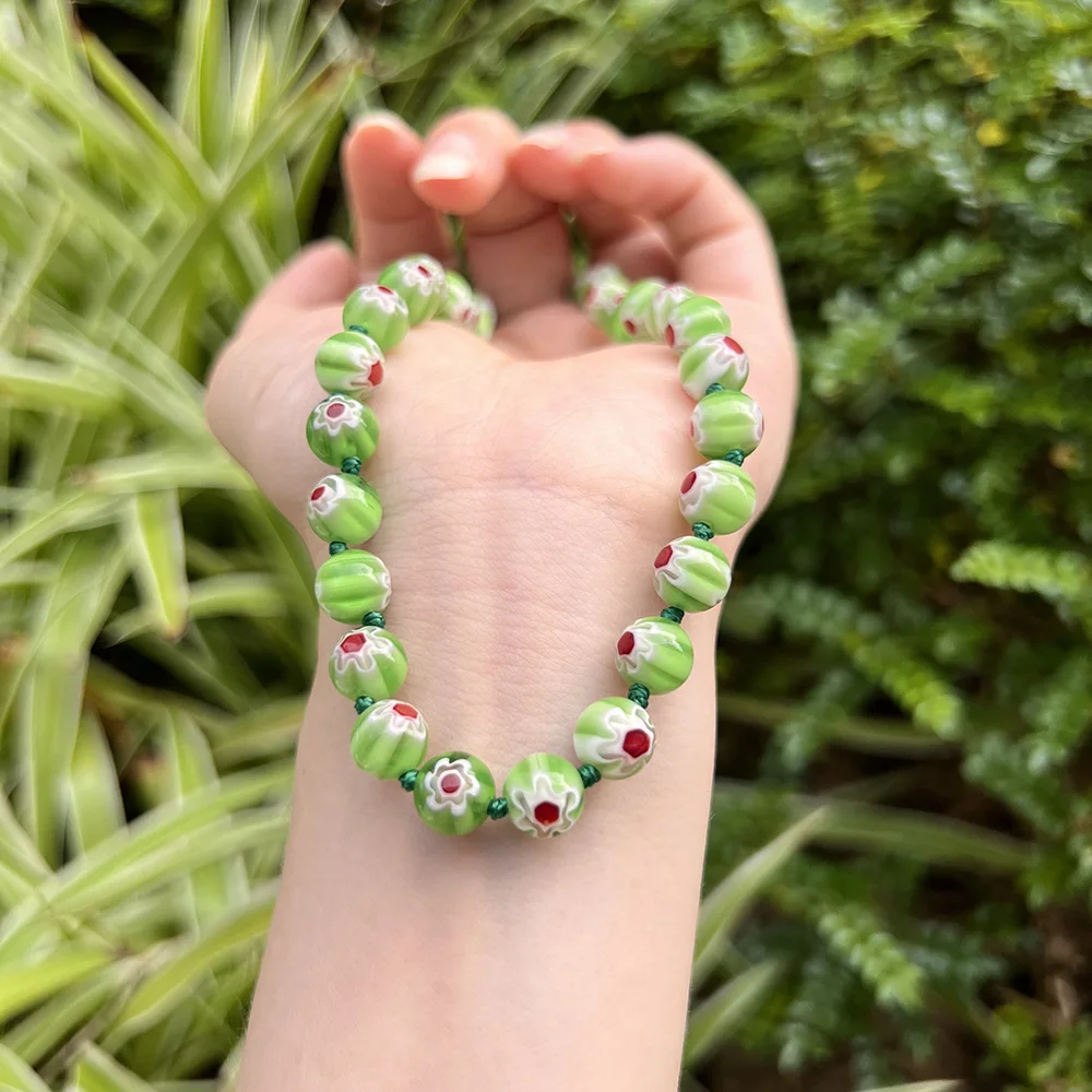 Millefiori Glass Beads Necklace Women Blue Floral Handmade Beaded Bracelets Vintage Boho Casual Daily Wearing Jewelry Friend Gif