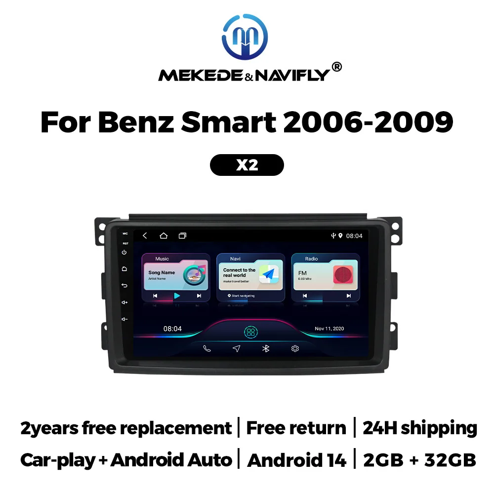 MEKEDE Android 14 Car Radio 2Din Stereo For Mercedes-Benz B200 Smart Fortwo 451 2006-2009 Multimedia Player GPS BT CarPlay Auto