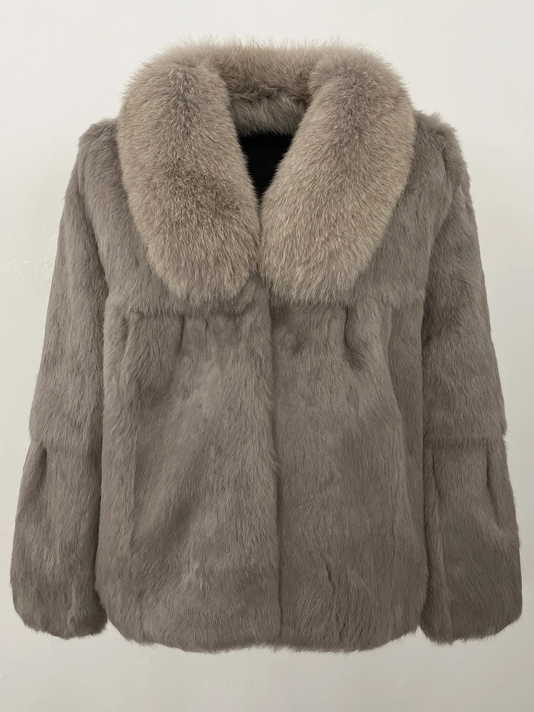 2025년 신상 여성 천연 토끼털 코트 두꺼운 따뜻한 상의 여성 패션 플러피 리얼 폭스 퍼 칼라 재킷