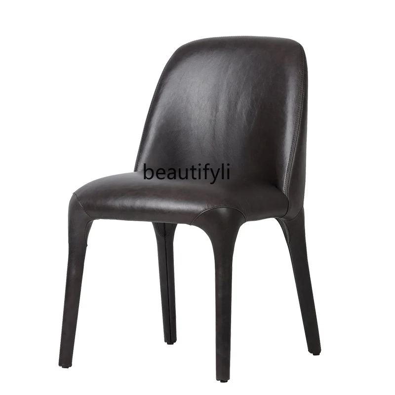

Italian minimalist all-leather dining chair household first-layer cowhide chair, designer wabi-sabi leather chair