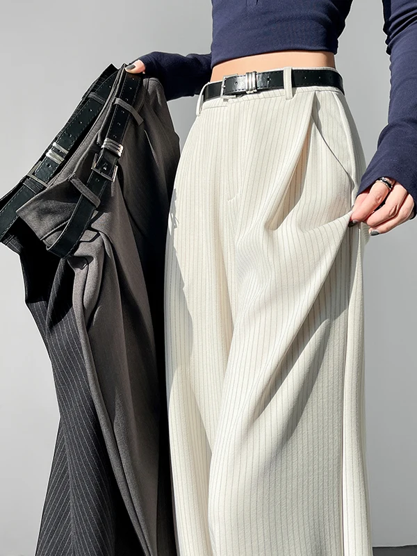 

Женские брюки с высокой талией в полоску, широкие, прямого кроя, свободные, удлиненные, весна-осень 2026, новинка, маленькие размеры, стройнящие