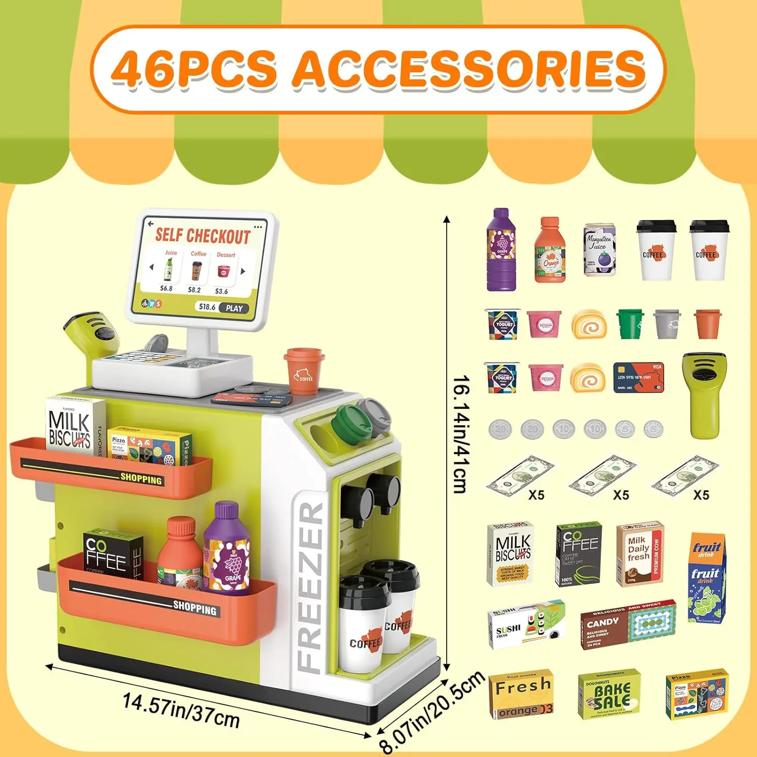 2 in 1 Simulation Supermarket Cash Register Coffee Machine Toys Pretend Play Toy with Scanner and Calculator Play food for Kids
