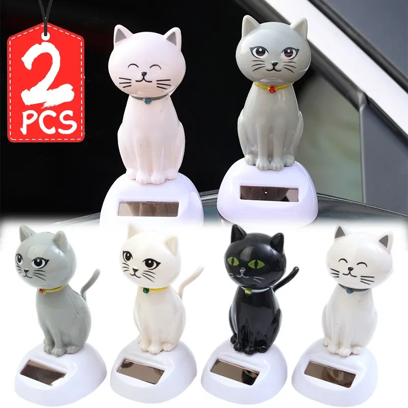 Car Solar Swing Cat Ornaments Shaking Head Doll Creative Cartoon Shape Attracting Wealth Car Interior DIY Decoration Accessories