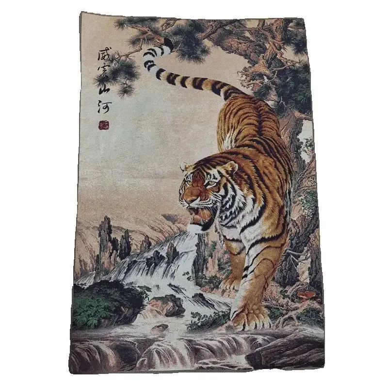 Chinese Ancient Brocade Embroidery Tangka Wall Painting Descending Tiger Statue Art Decorative Traditional Folk Style Home Decor