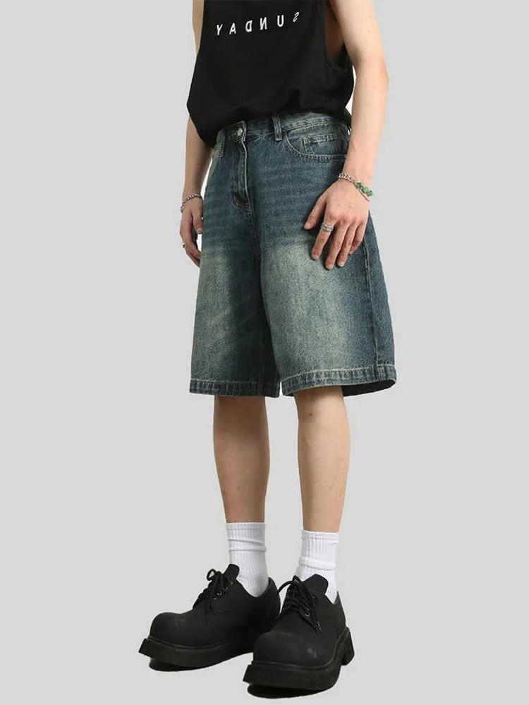 

Summer Thin Retro Washed Straight Leg Jeans Shorts Men's Street Loose Wide Leg Pants Five-Quarter Trendy Casual Jeans Shorts