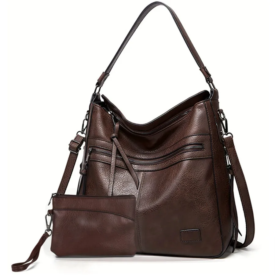 

Сумка из искусственной кожи, комплект из 2 предметов, винтажная большая сумка с несколькими карманами, женская сумка через плечо + кошелек для путешествий, покупок на открытом воздухе