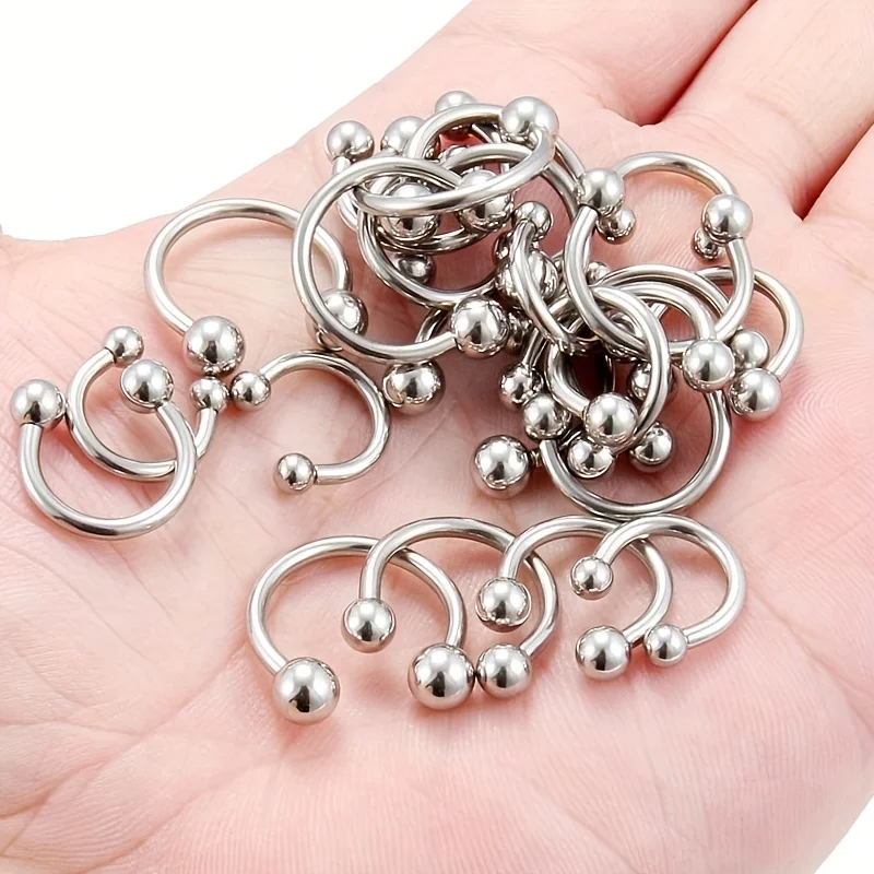 16Pcs Set 6-12mm Men\'s Steel Horseshoe and Captive Bead Nose Hoop Septum Earring Tongue Lip Tragus Piercing Jewelry Rings