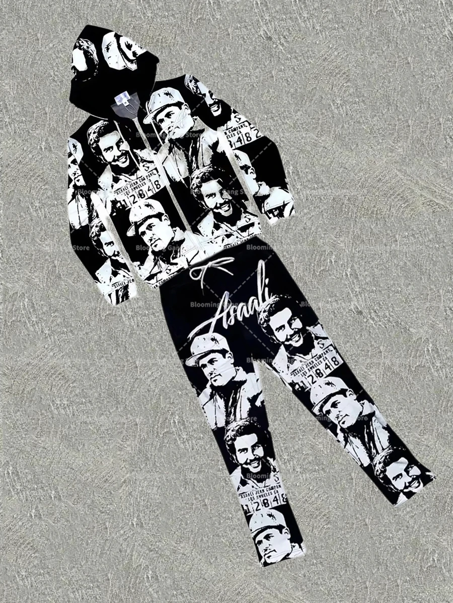 

New American hip-hop digital print Zip Up casual men clothing Y2k streetwear Gothic women hoodie couple sweatshirt sweatpants