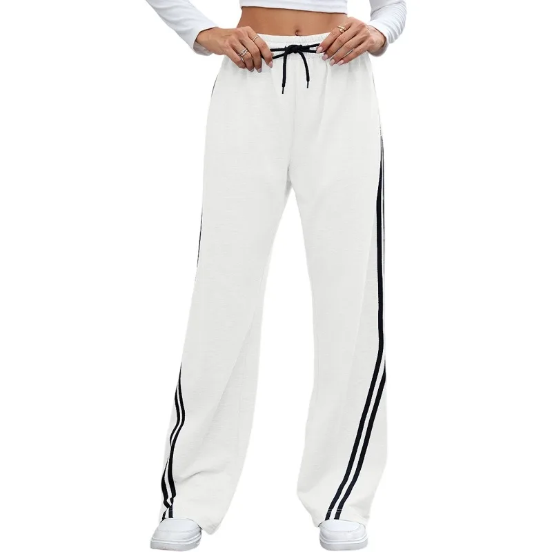 2025 Autumn Striped Patchwork Loose Casual Pants Women High Waist Drawstring Versatile Concise Street Straight Leg Trousers