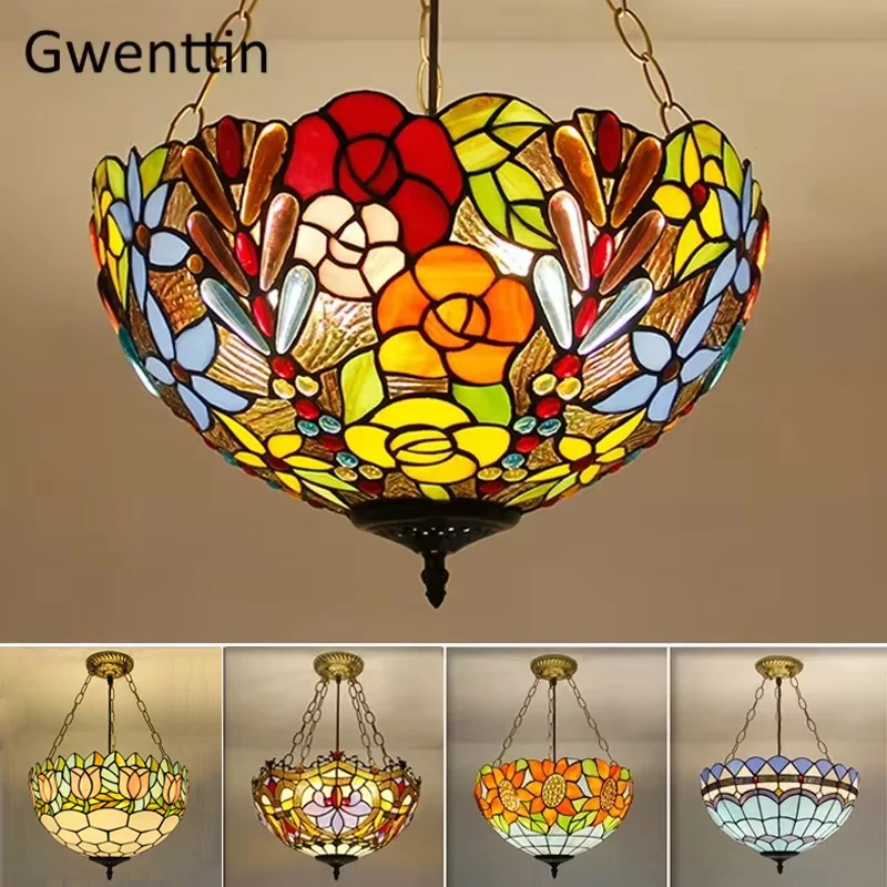 TiffanyDecor Stained Glass Pendant Light Home Mediterranean Hanging Lamp for Living Room Ceiling Chandelier LED Lighting Fixture