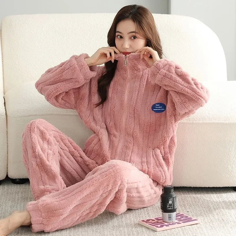 2024 Coral Fleece Pajamas Women's Autumn Winter Sleepwear Fleece Thick Zipper Warm Homewear Flannel Long Sleeve Loungewear