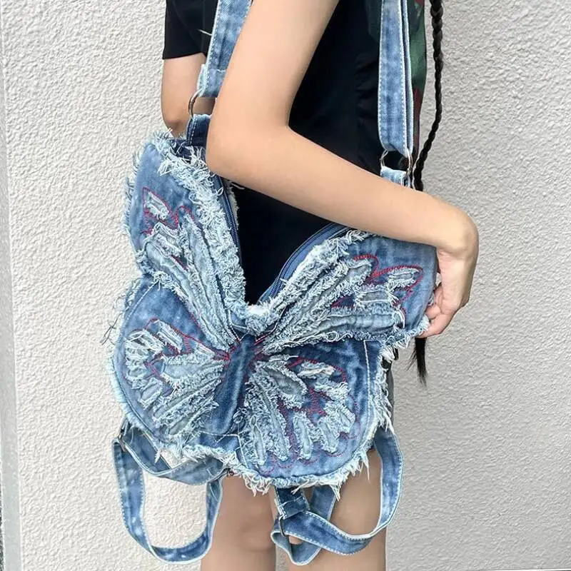 Fashion Butterfly Embroidery Shoulder Bags Y2k Aesthetic Trendy Women Casual Backpacks Vintage Denim Haruku Crossbody Handbags
