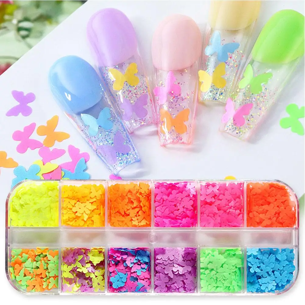 1 กล่องเรืองแสงผีเสื้อรูปร่างเล็บ Art Glitter 3D เล็บที่มีสีสันเล็บตกแต่งเลื่อม T1X3