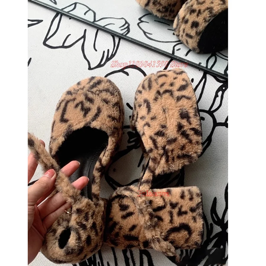 Furry Leopard Print Pumps Round Toe Heels Square Root Thick Heel Women Shoes Wedding Party Heels 2023 New Zapatos Para Mujere